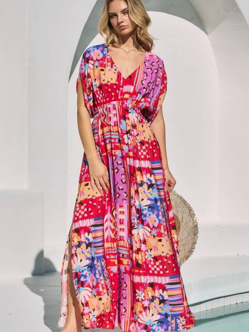 NWT Boho Floral V-Neck Maxi Dress in Pink